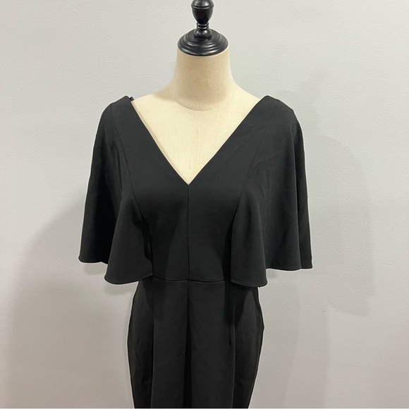 BETSY & ADAM Black Flutter V Neck Knee Length Party Sheath Dress - Reemoly - Picture 6 of 15